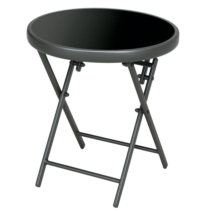 18" Outdoor Round Folding Table with Tempered Glass Top, Black