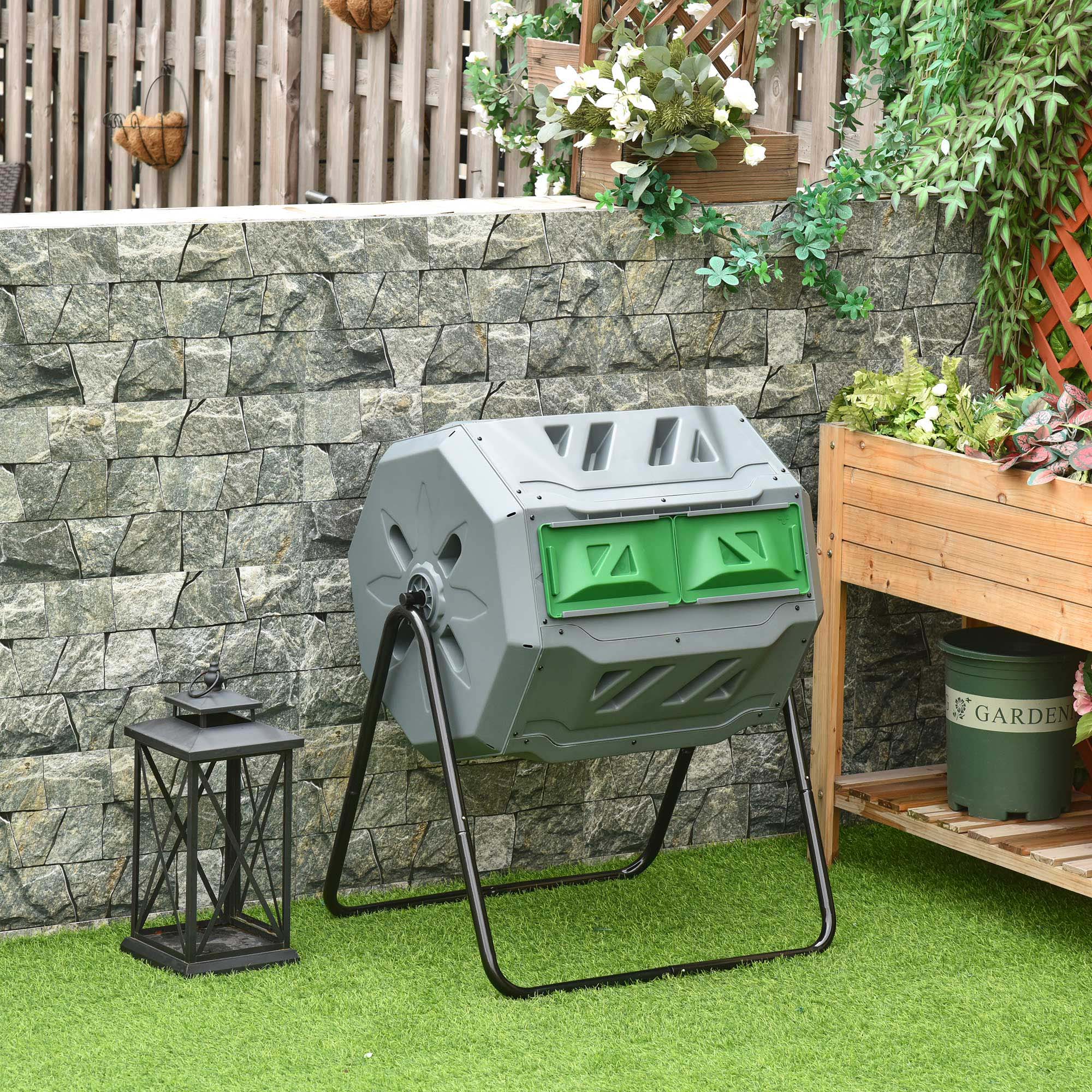 160L Tumbling Compost Bin with Sliding Doors & Solid Steel Frame, Grey
