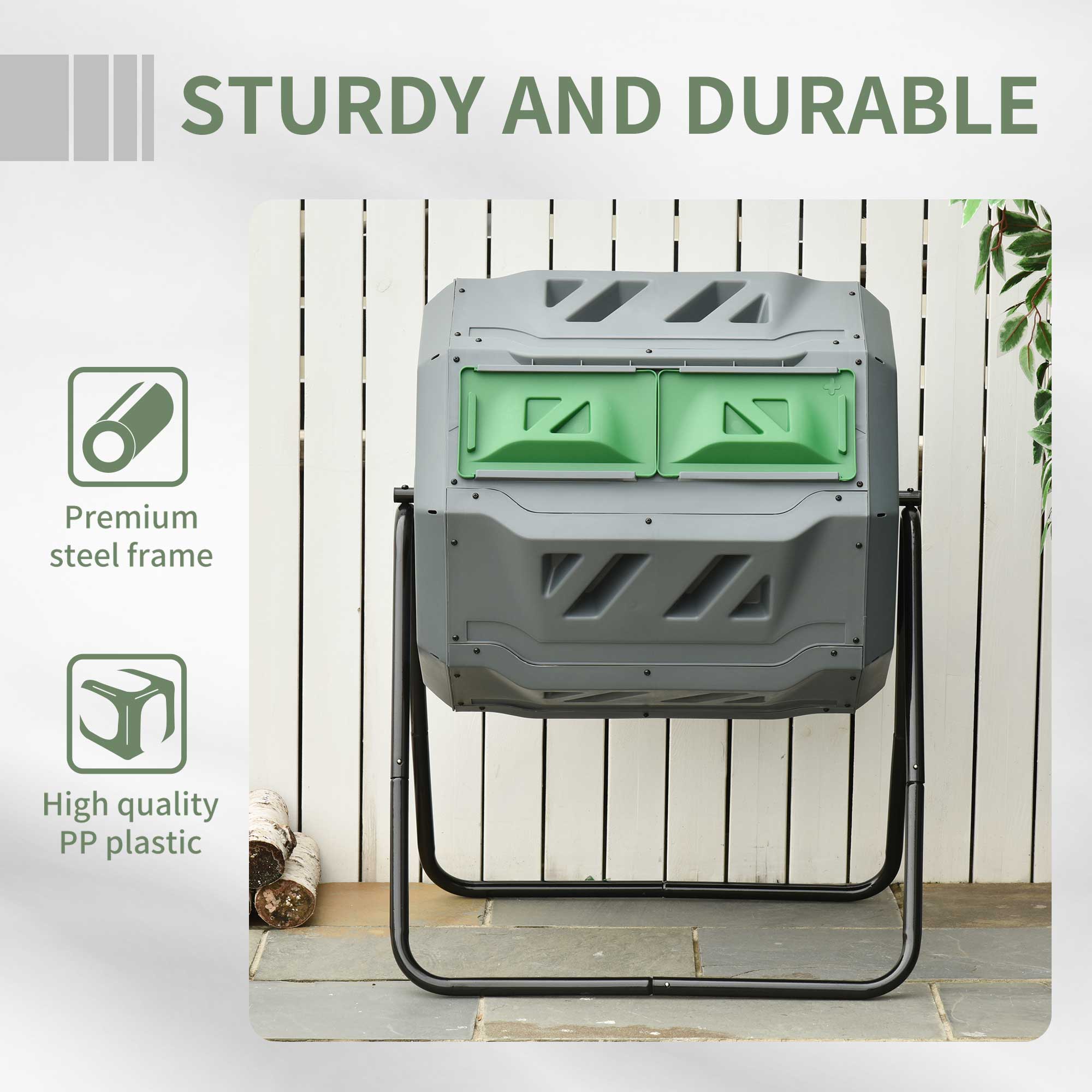 160L Tumbling Compost Bin with Sliding Doors & Solid Steel Frame, Grey
