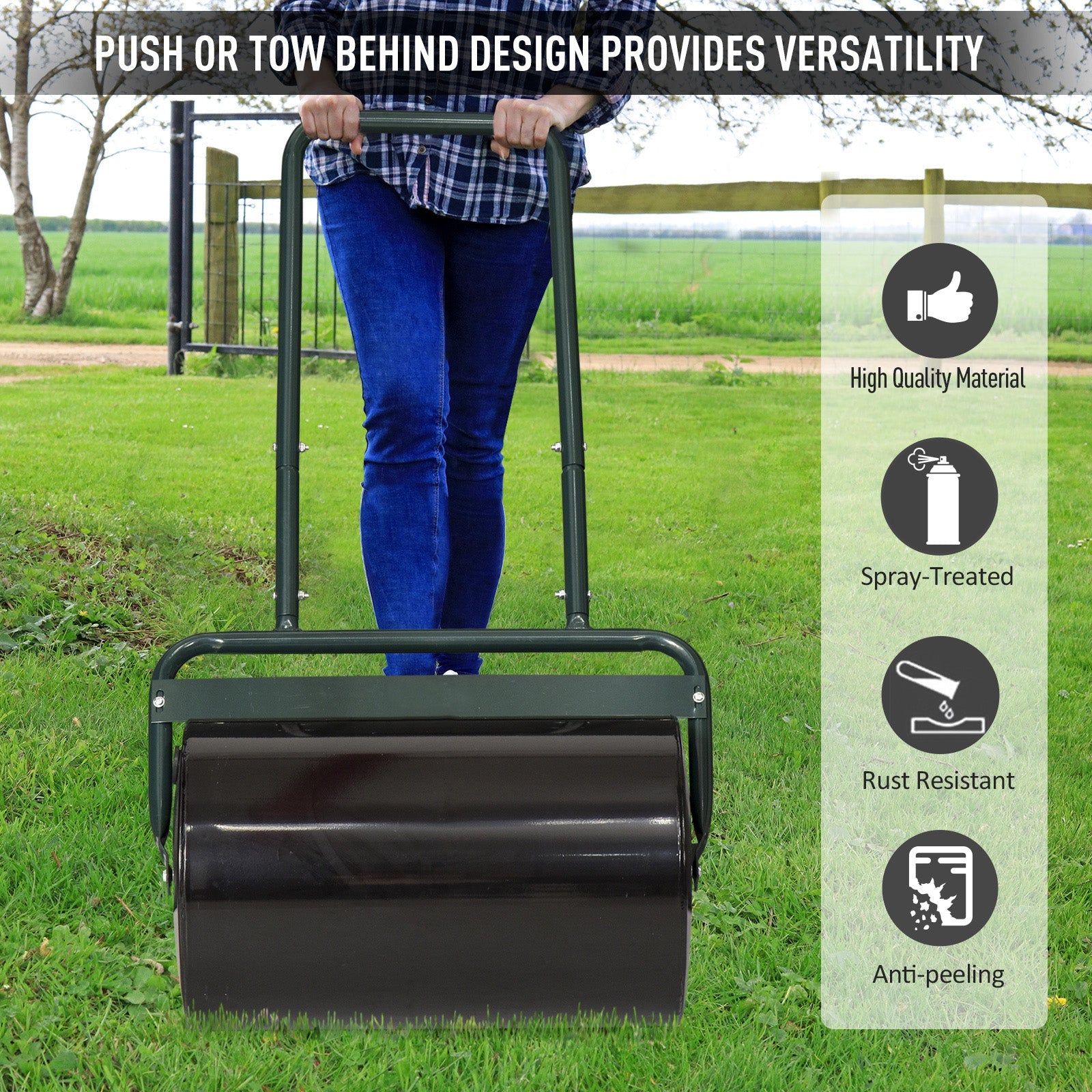 20-Inch Push/Tow Behind Lawn Roller Filled, Yard Roller with 10 Gal Water or Sand, Dark Green