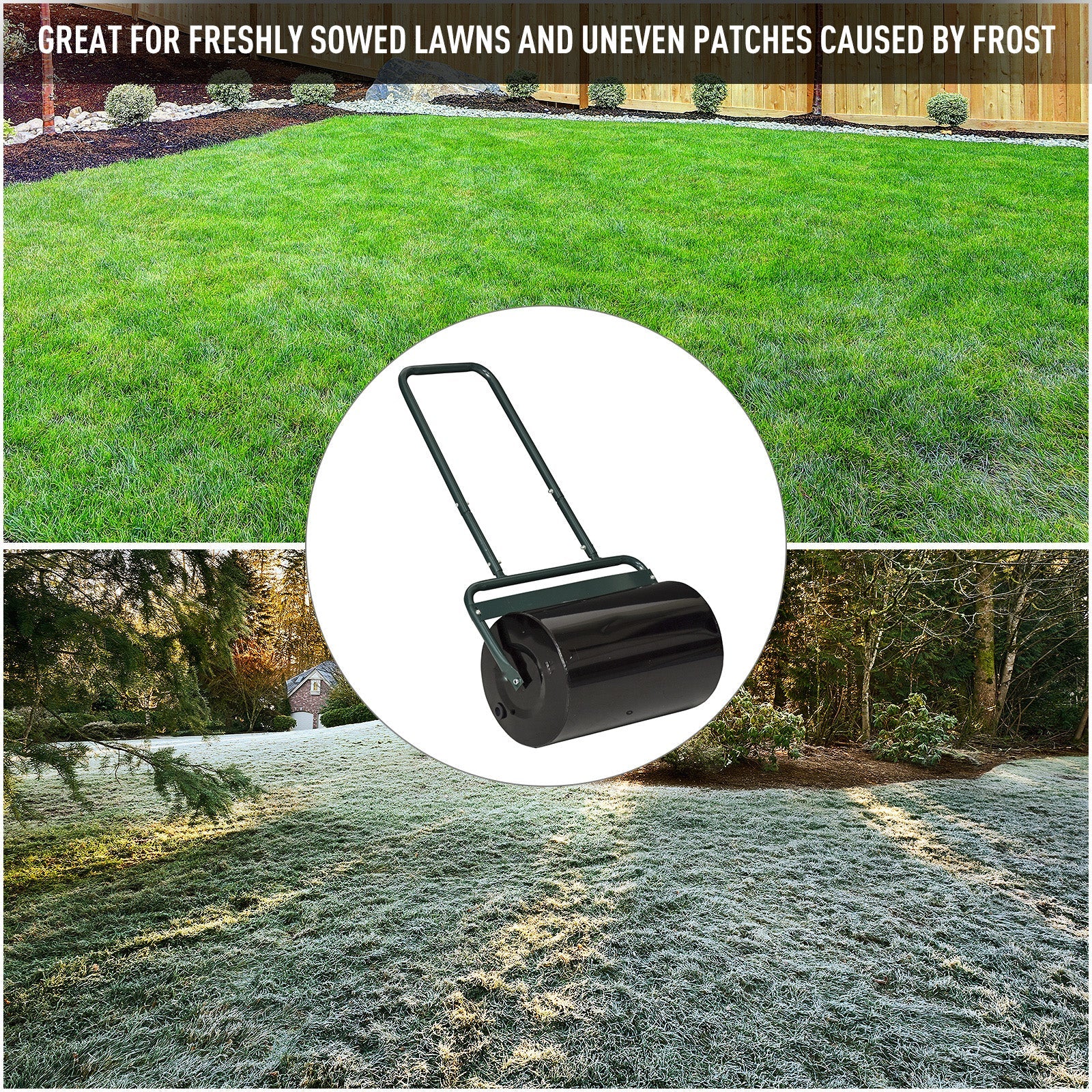 20-Inch Push/Tow Behind Lawn Roller Filled, Yard Roller with 10 Gal Water or Sand, Dark Green