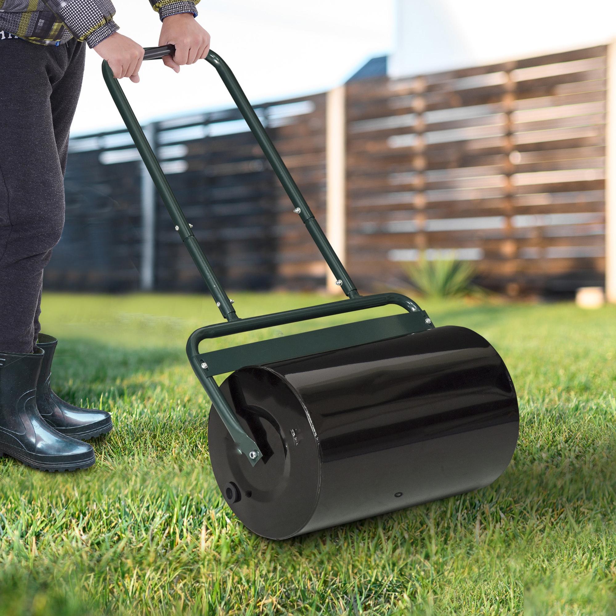 20-Inch Push/Tow Behind Lawn Roller Filled, Yard Roller with 10 Gal Water or Sand, Dark Green