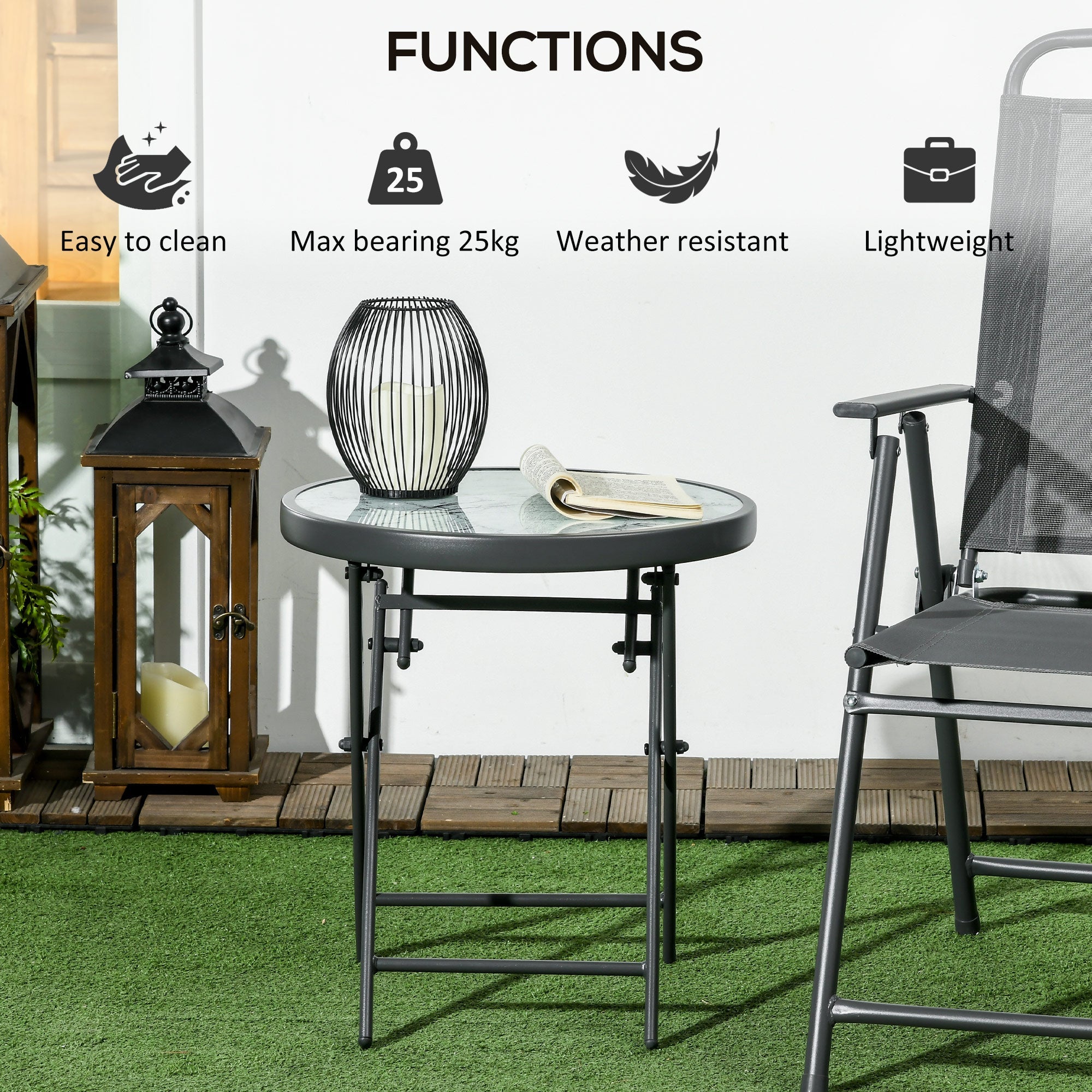 18" Outdoor Round Folding Table with Tempered Glass Top, White