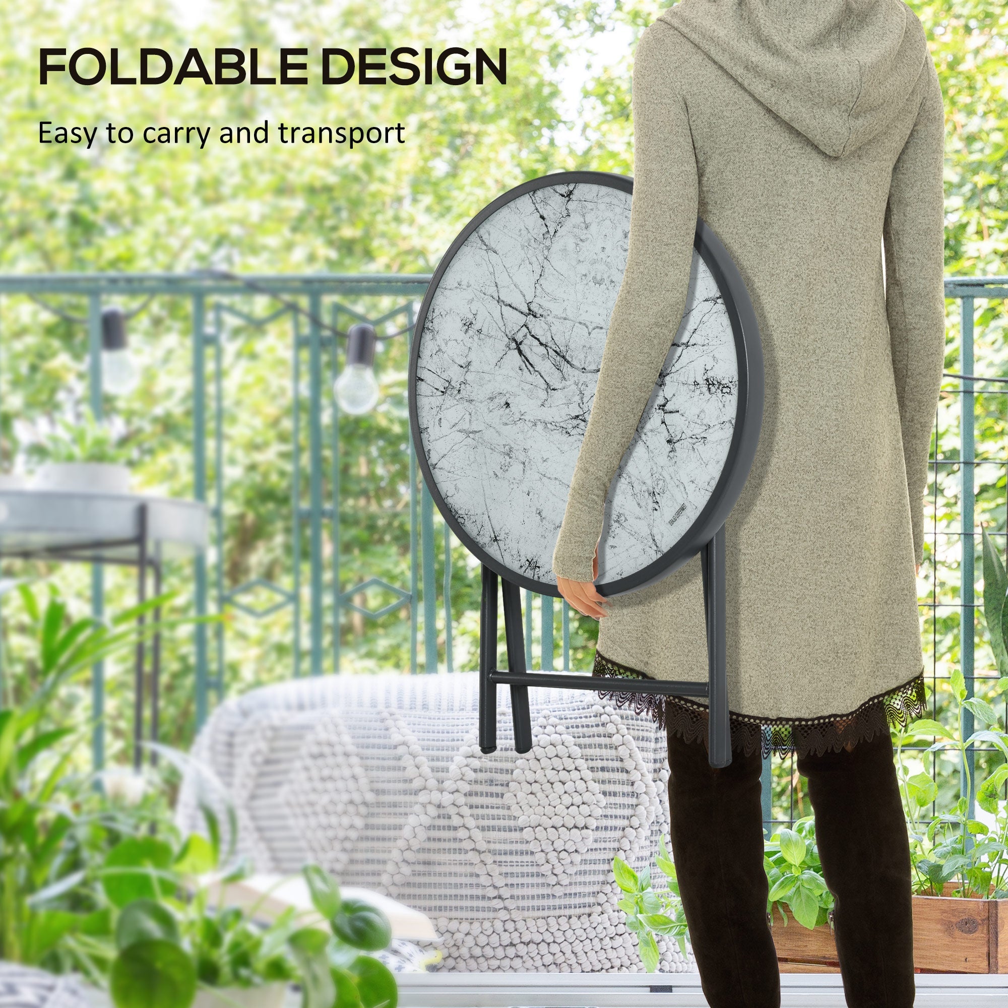 18" Outdoor Round Folding Table with Tempered Glass Top, White
