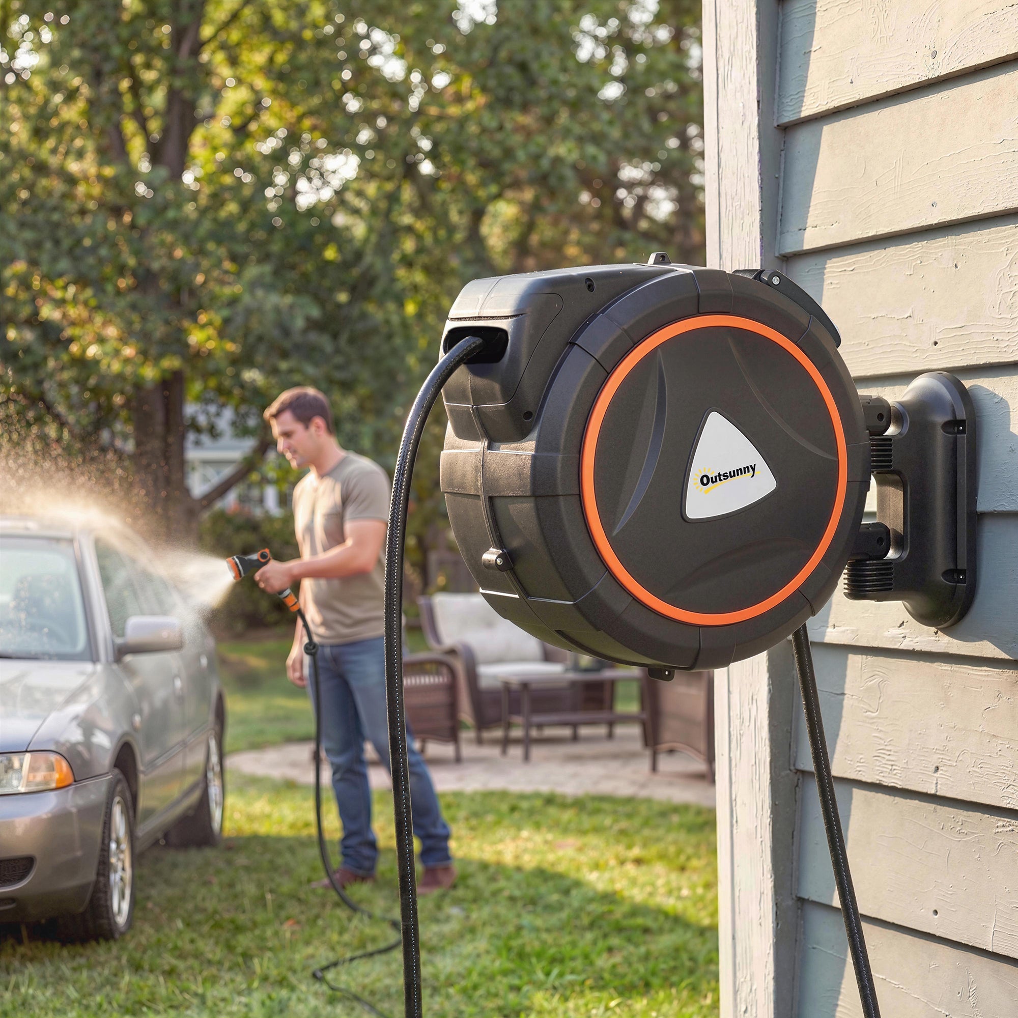 28+2m Retractable Wall-Mount Hose Reel with Auto Retraction & 180° Swivel, Orange