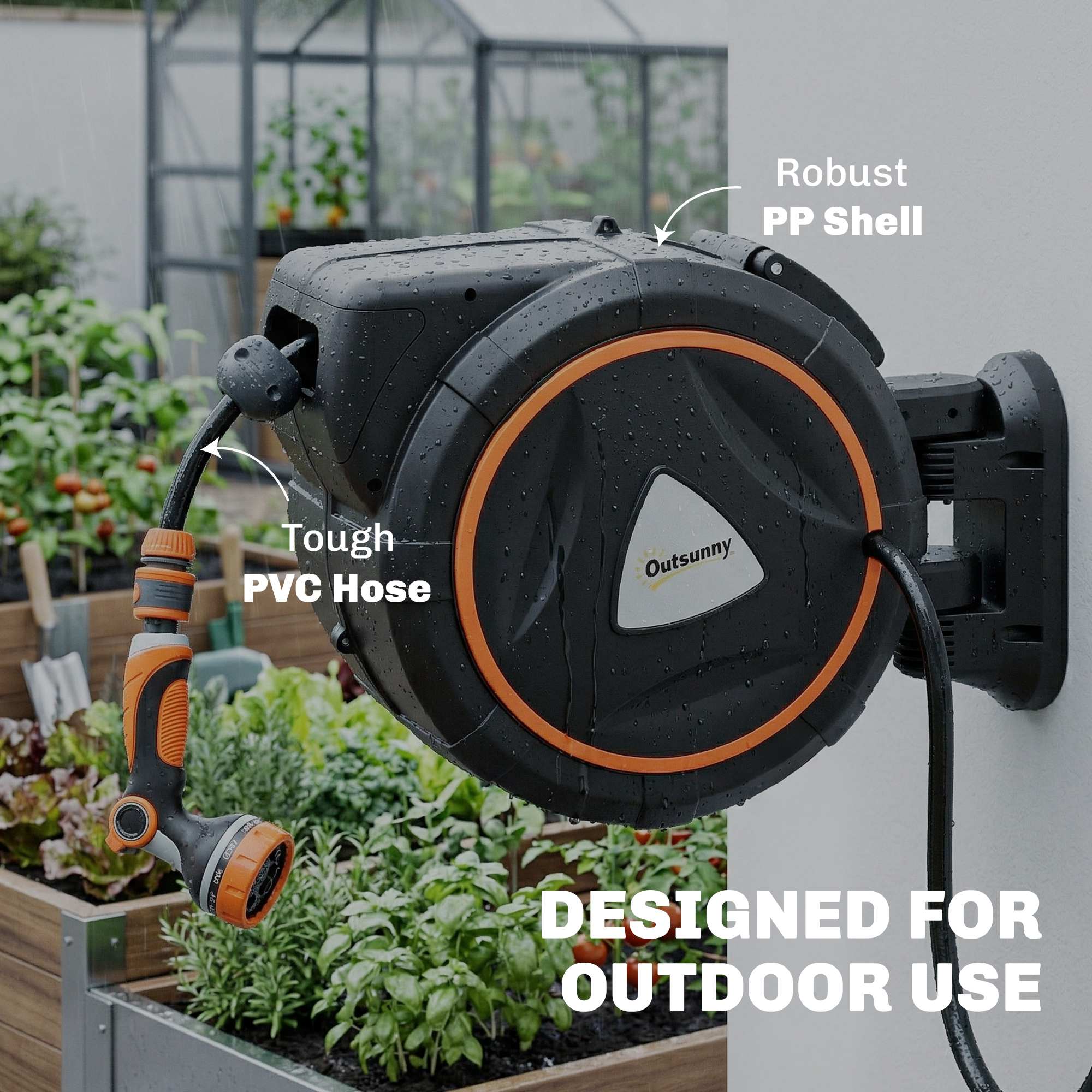 23+2m Retractable Wall Hose Reel with Auto Retraction & 12-Pattern Nozzle, Orange