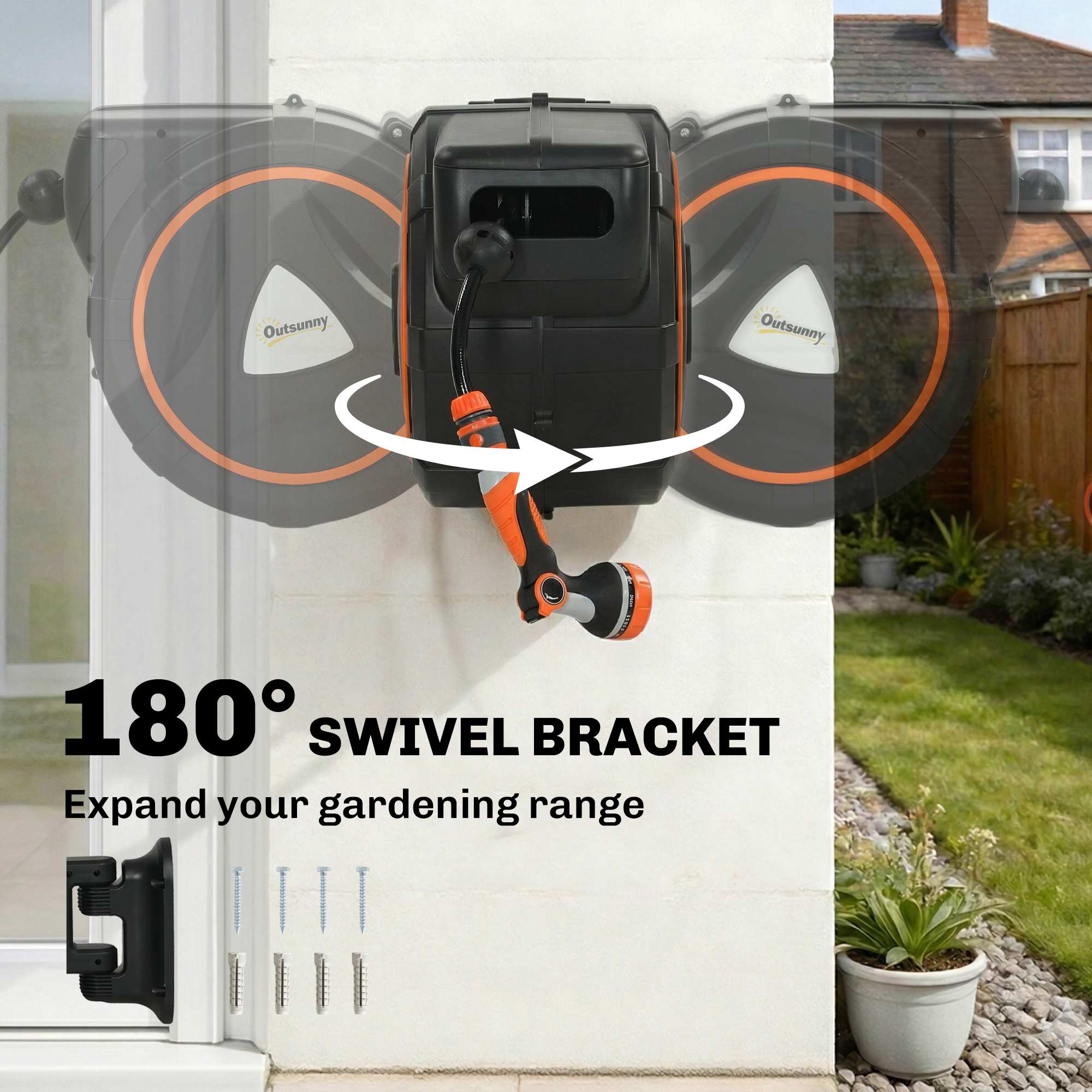 23+2m Retractable Wall Hose Reel with Auto Retraction & 12-Pattern Nozzle, Orange