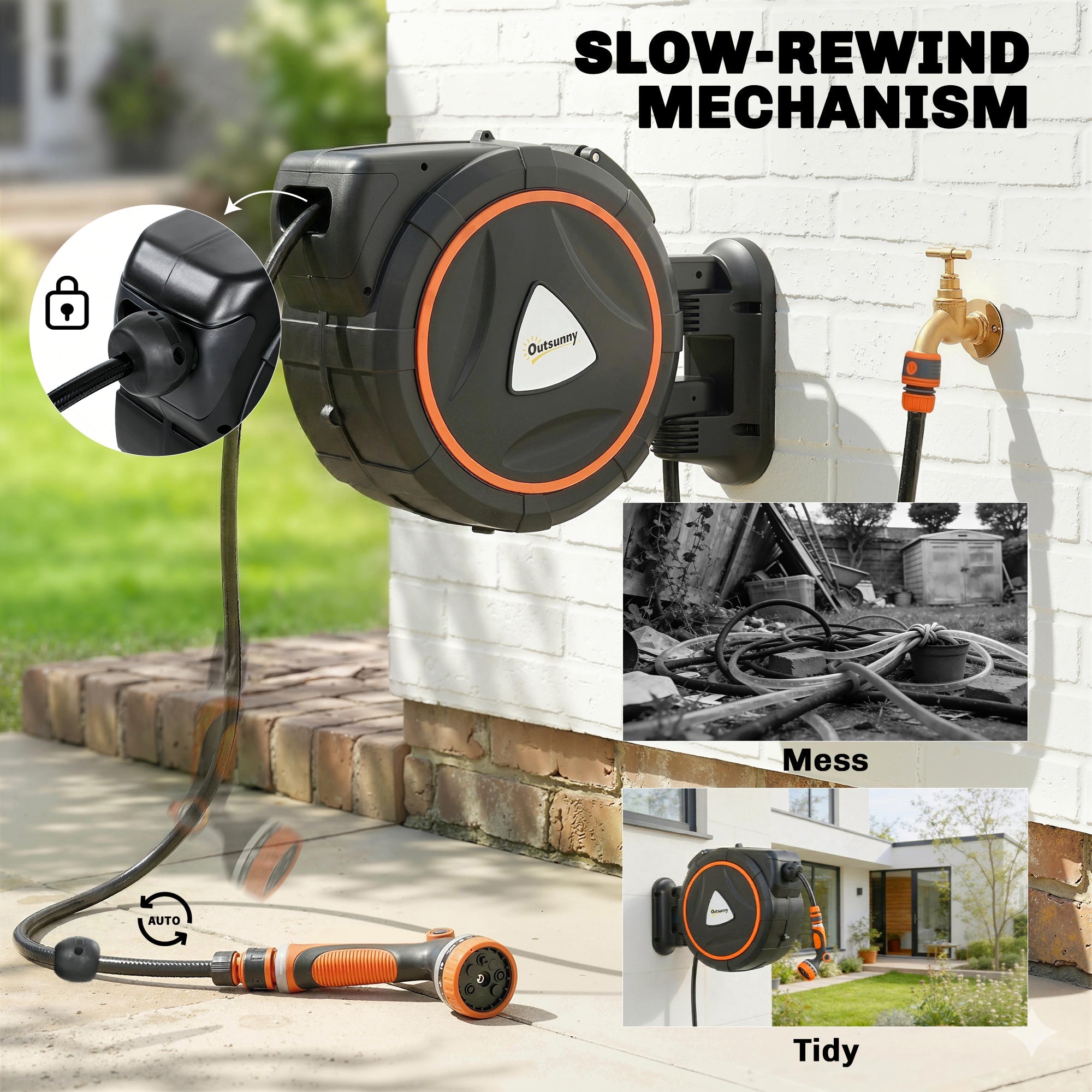 23+2m Retractable Wall Hose Reel with Auto Retraction & 12-Pattern Nozzle, Orange