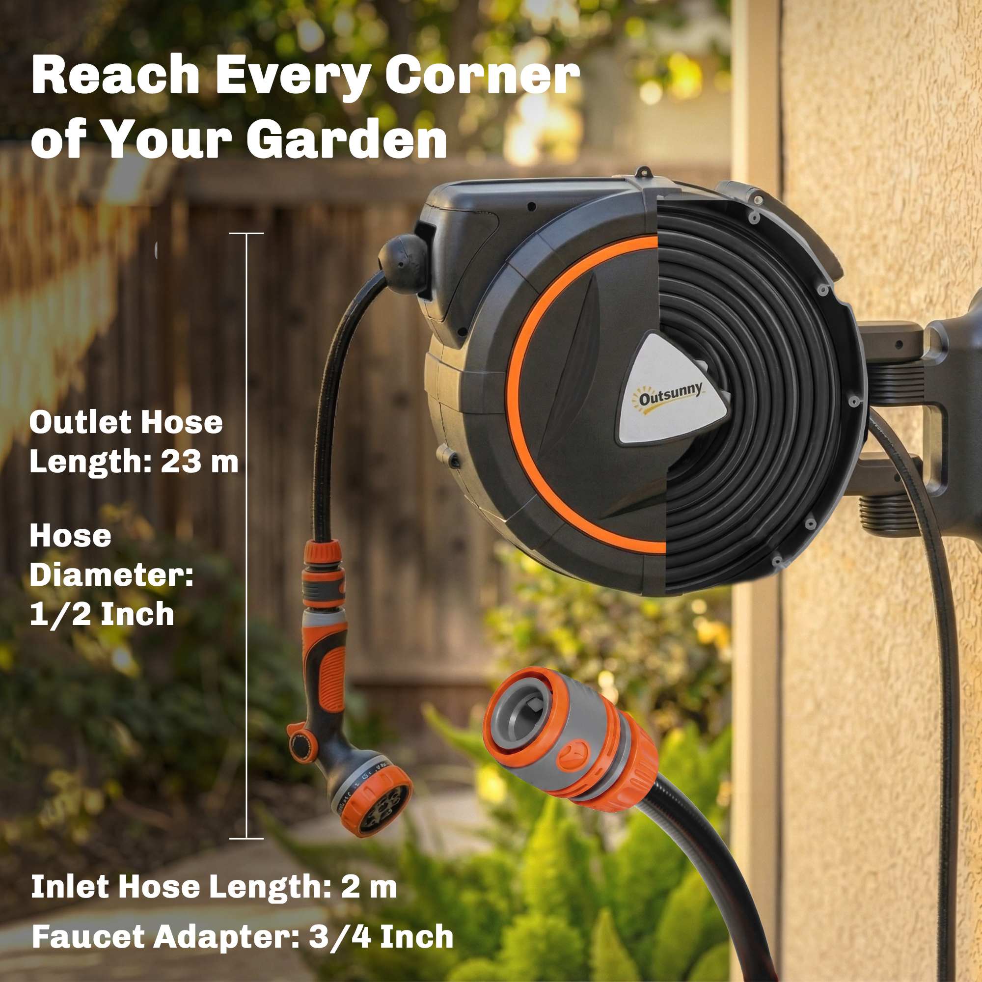 23+2m Retractable Wall Hose Reel with Auto Retraction & 12-Pattern Nozzle, Orange