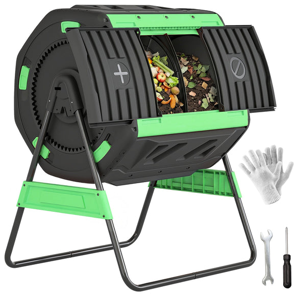 200L Dual Chamber Rotating Compost Tumbler with 8 Adjustable Vents, BPA Free Outdoor Composter in Green