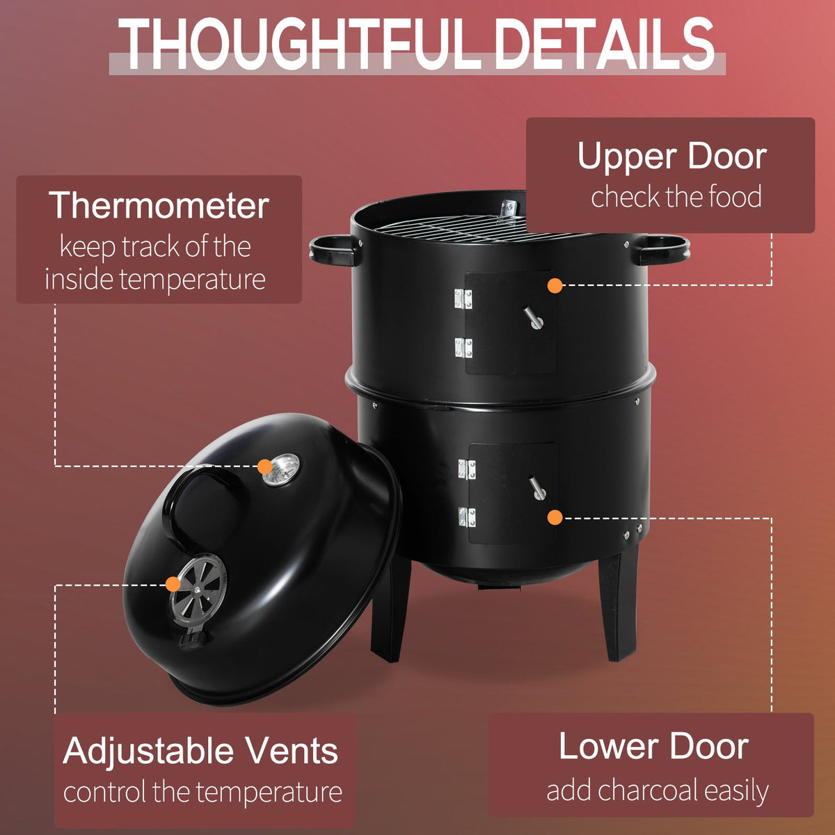 16" Vertical Charcoal Smoker with Dual Cooking Zones, Black