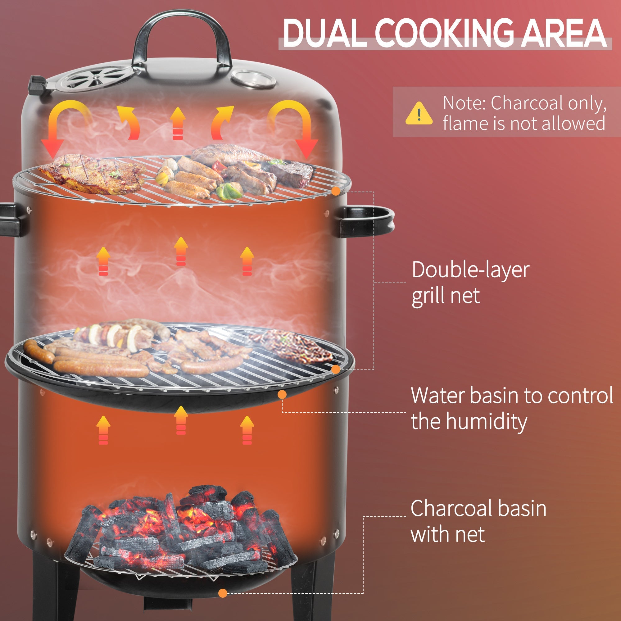16" Vertical Charcoal Smoker with Dual Cooking Zones, Black