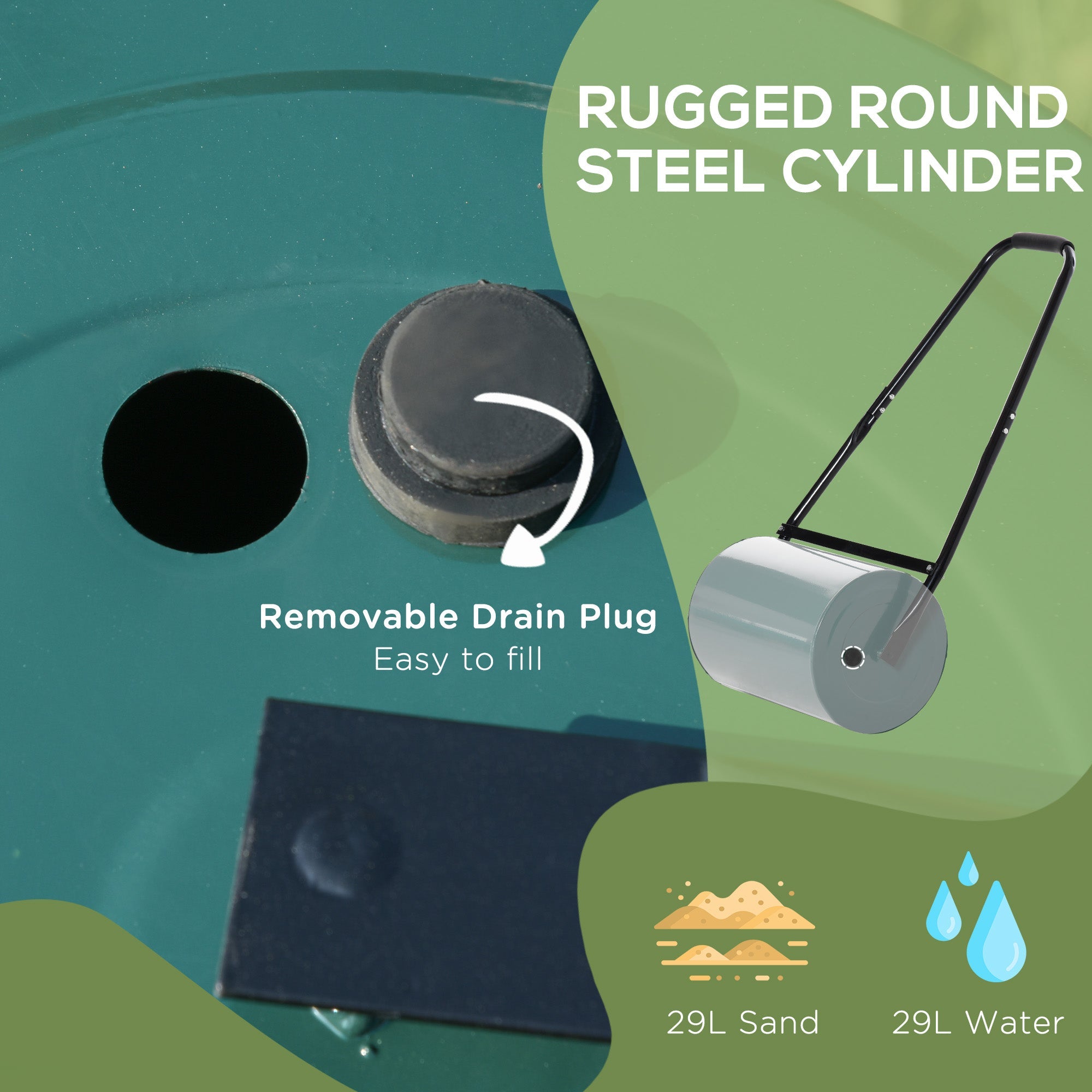 30L Heavy Duty Water/Sand Filled ¦µ32cm Garden Steel Lawn Roller, Dark Green