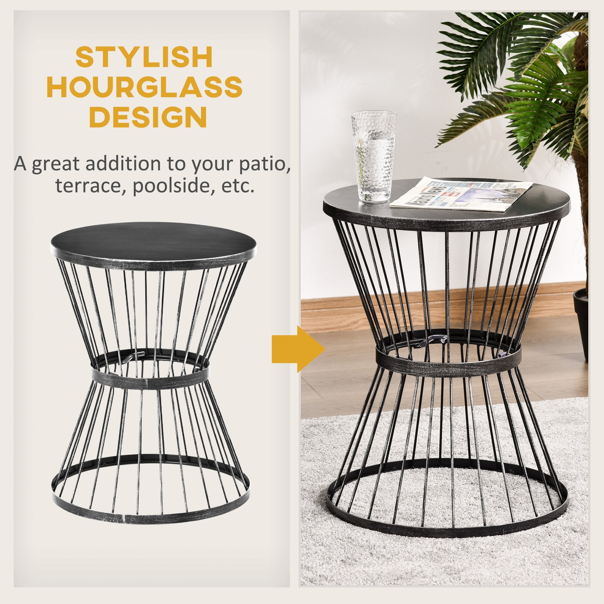 16" Steel Patio Side Table with Hourglass Design, Black