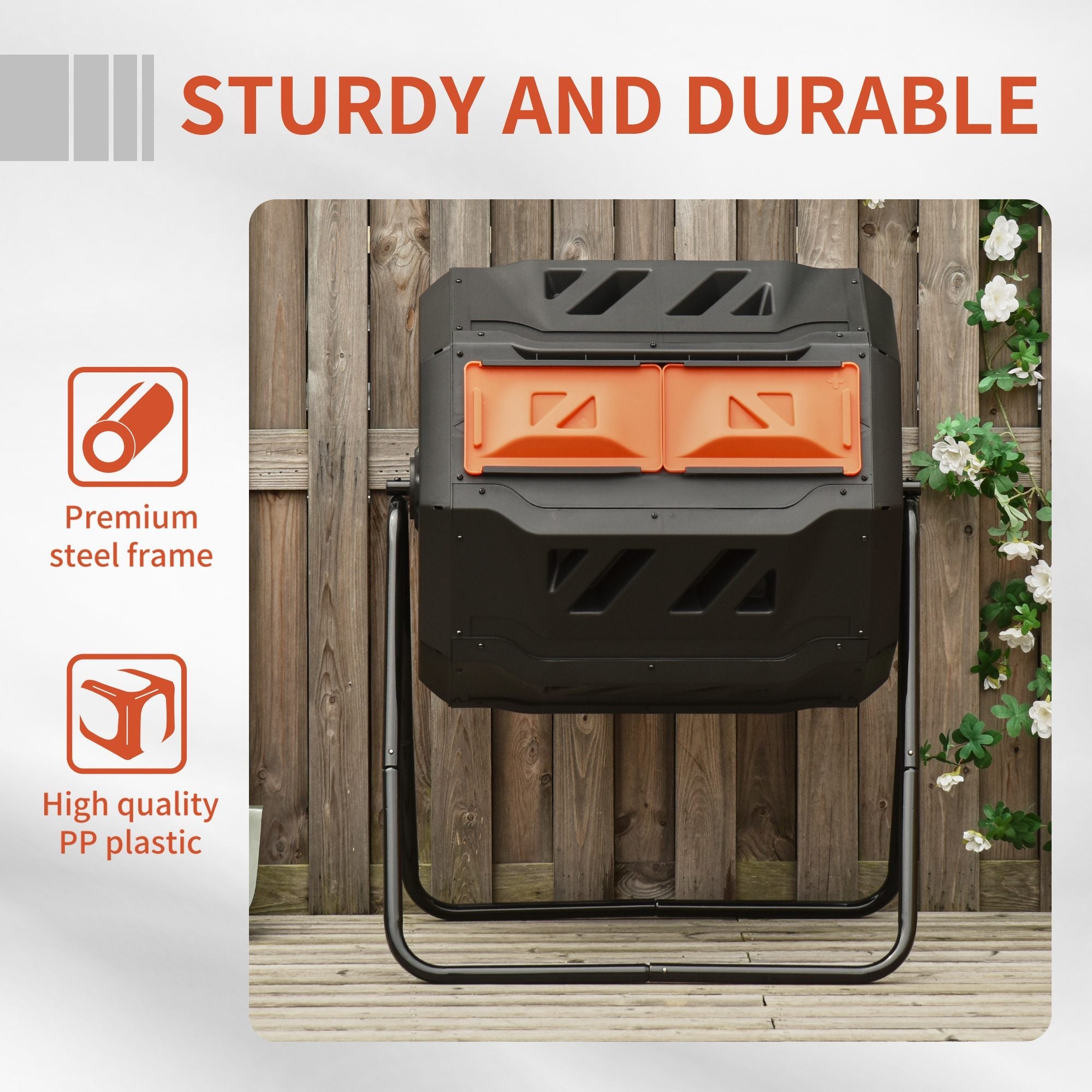 160L Tumbling Compost Bin Outdoor Dual Chamber 360¡ã Rotating Composter, Garden Compost Bin w/ Sliding Doors & Solid Steel Frame, Orange