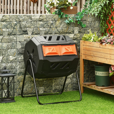 160L Tumbling Compost Bin Outdoor Dual Chamber 360¡ã Rotating Composter, Garden Compost Bin w/ Sliding Doors & Solid Steel Frame, Orange