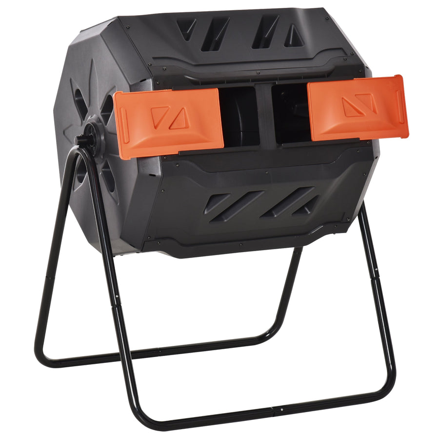 160L Tumbling Compost Bin Outdoor Dual Chamber 360¡ã Rotating Composter, Garden Compost Bin w/ Sliding Doors & Solid Steel Frame, Orange