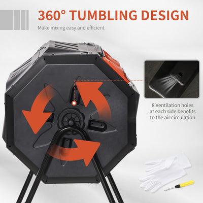 160L Tumbling Compost Bin Outdoor Dual Chamber 360¡ã Rotating Composter, Garden Compost Bin w/ Sliding Doors & Solid Steel Frame, Orange