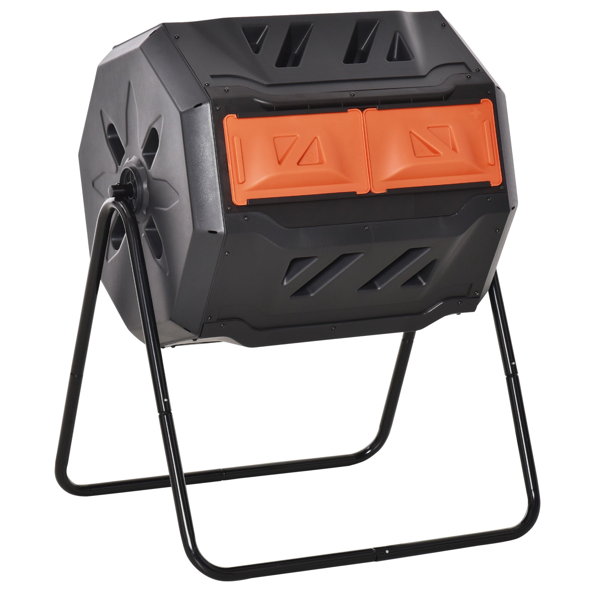 160L Tumbling Compost Bin Outdoor Dual Chamber 360¡ã Rotating Composter, Garden Compost Bin w/ Sliding Doors & Solid Steel Frame, Orange