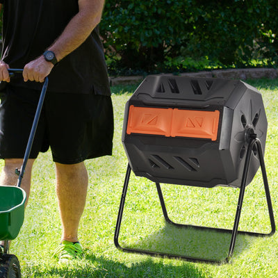 160L Tumbling Compost Bin Outdoor Dual Chamber 360¡ã Rotating Composter, Garden Compost Bin w/ Sliding Doors & Solid Steel Frame, Orange