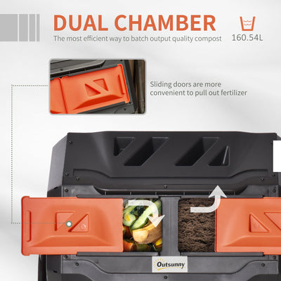 160L Tumbling Compost Bin Outdoor Dual Chamber 360¡ã Rotating Composter, Garden Compost Bin w/ Sliding Doors & Solid Steel Frame, Orange