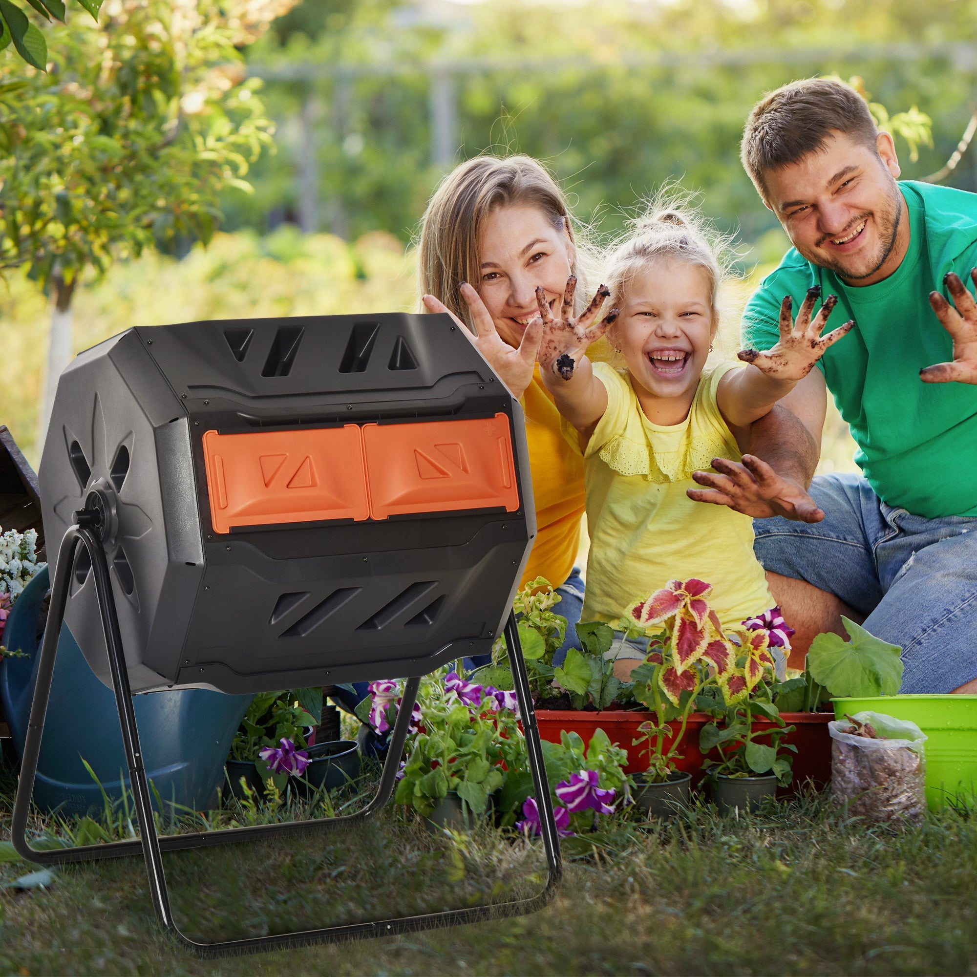 160L Tumbling Compost Bin Outdoor Dual Chamber 360¡ã Rotating Composter, Garden Compost Bin w/ Sliding Doors & Solid Steel Frame, Orange