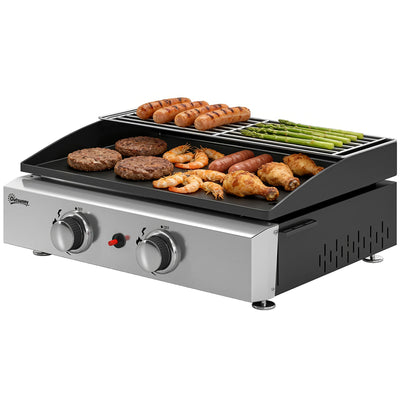 2 Burner Gas Plancha Grill with Warming Rack, 5 kW, Black