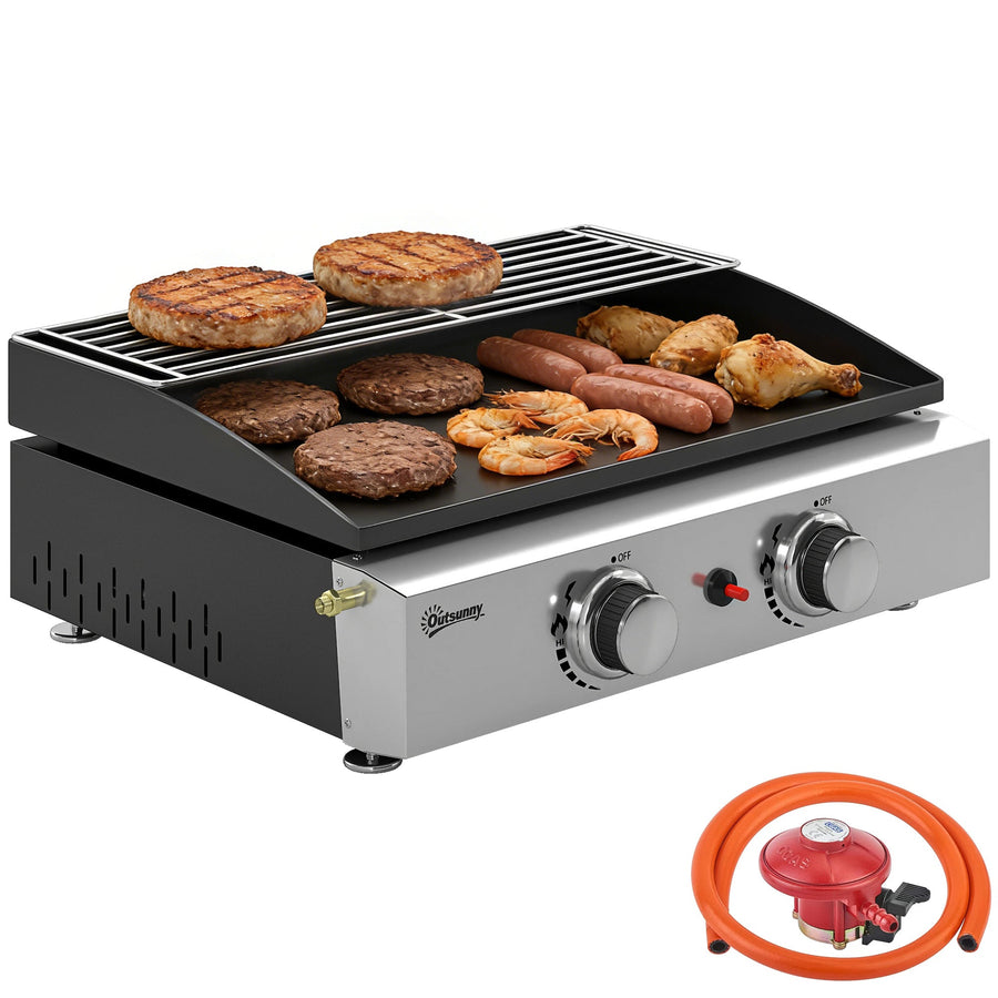 2 Burner Gas Plancha Grill with Warming Rack, 5 kW, Black