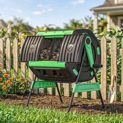 200L Dual Chamber Rotating Compost Tumbler with 8 Adjustable Vents, BPA Free Outdoor Composter in Green