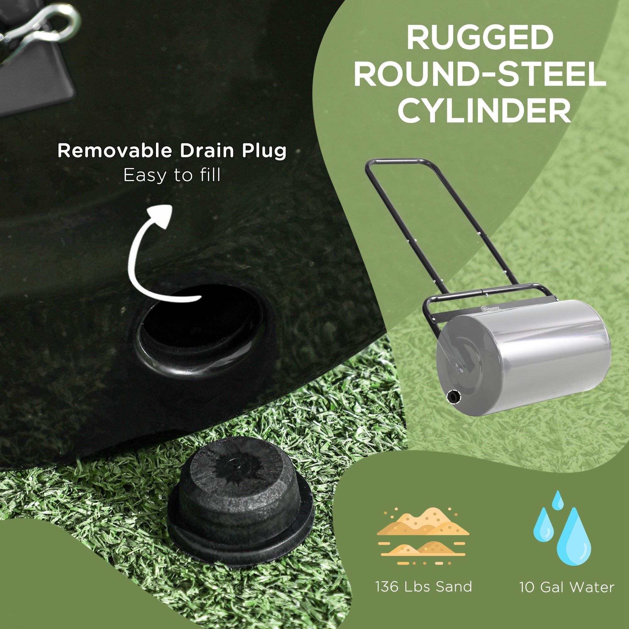 20" Heavy Duty Lawn Roller, Filled with 11 Gal Water/136 Lbs Sand, Black