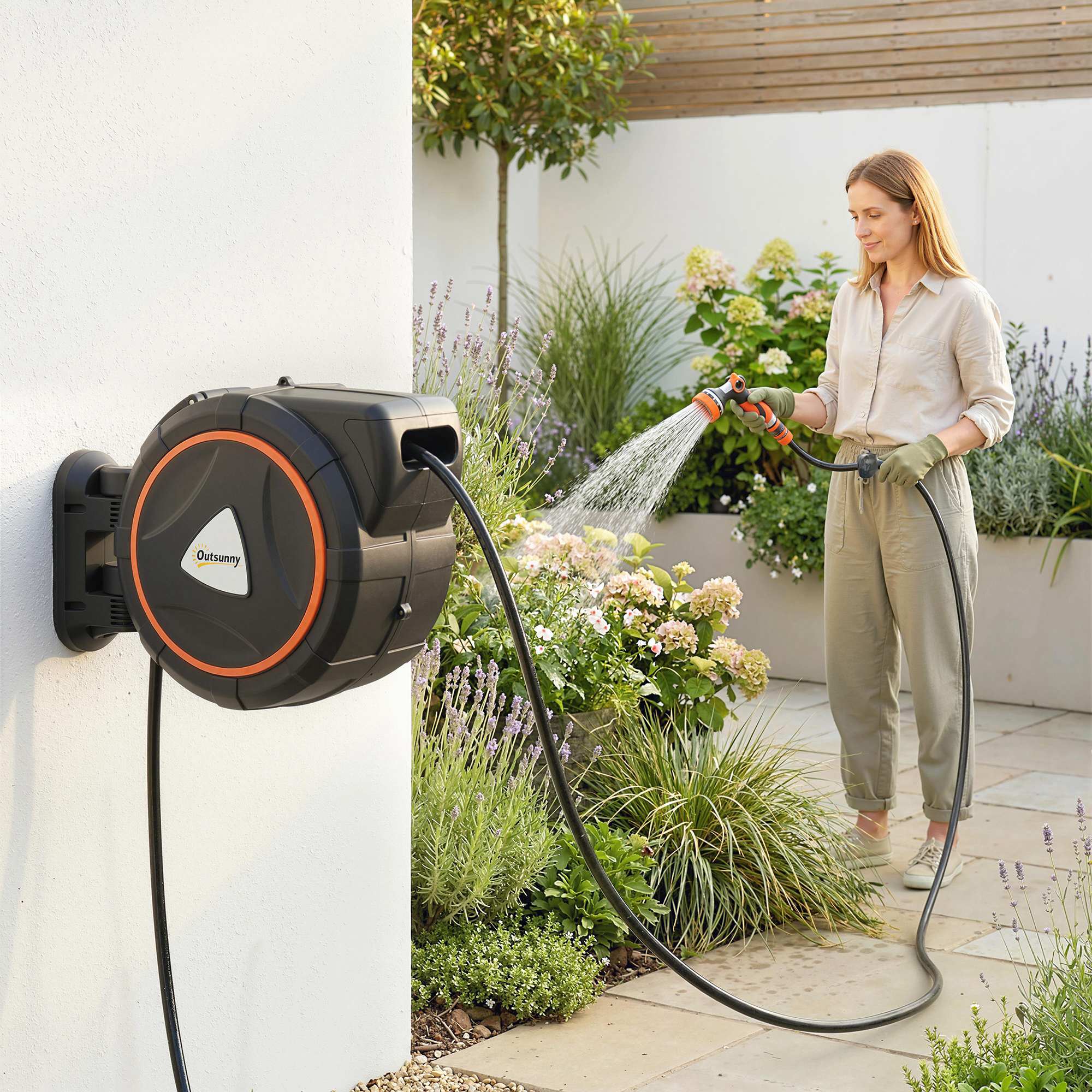23+2m Retractable Wall Hose Reel with Auto Retraction & 12-Pattern Nozzle, Orange