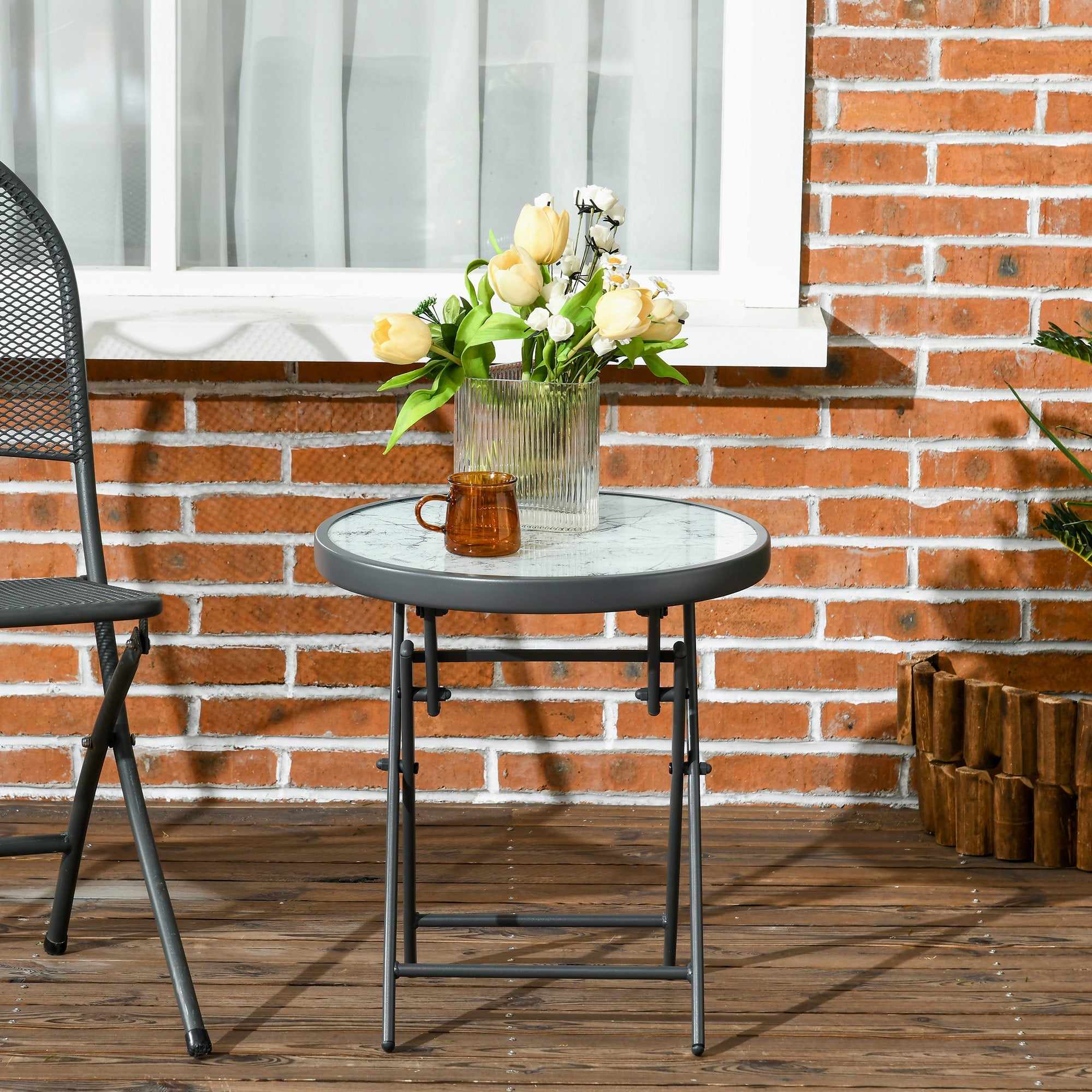 18" Outdoor Round Folding Table with Tempered Glass Top, White