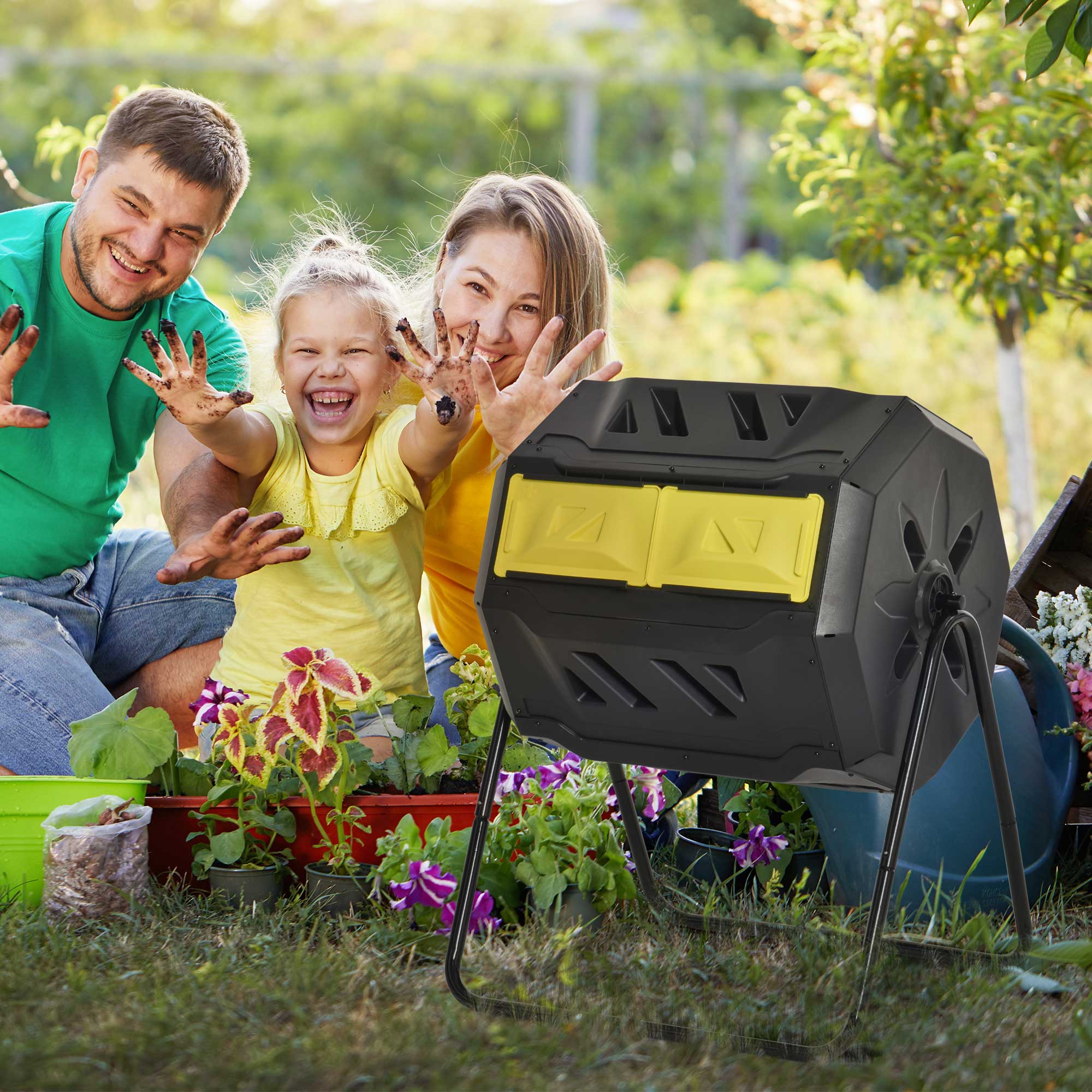 160L Tumbling Compost Bin Outdoor Dual Chamber Rotating Composter, Garden Compost Bin w/ Sliding Doors & Solid Steel Frame, Yellow