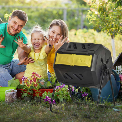 160L Tumbling Compost Bin Outdoor Dual Chamber Rotating Composter, Garden Compost Bin w/ Sliding Doors & Solid Steel Frame, Yellow