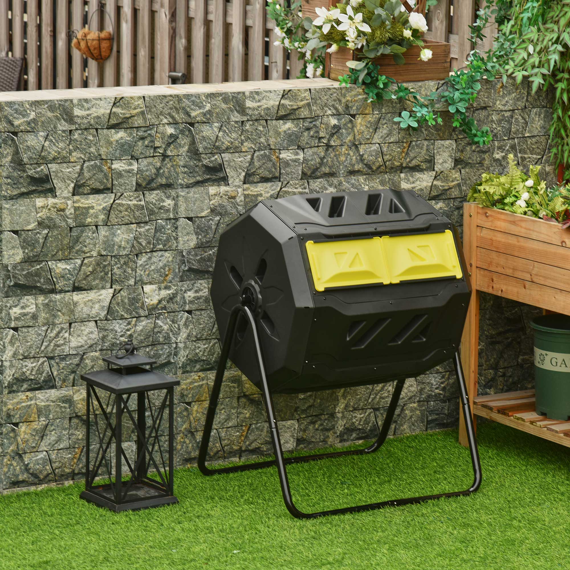 160L Tumbling Compost Bin Outdoor Dual Chamber Rotating Composter, Garden Compost Bin w/ Sliding Doors & Solid Steel Frame, Yellow