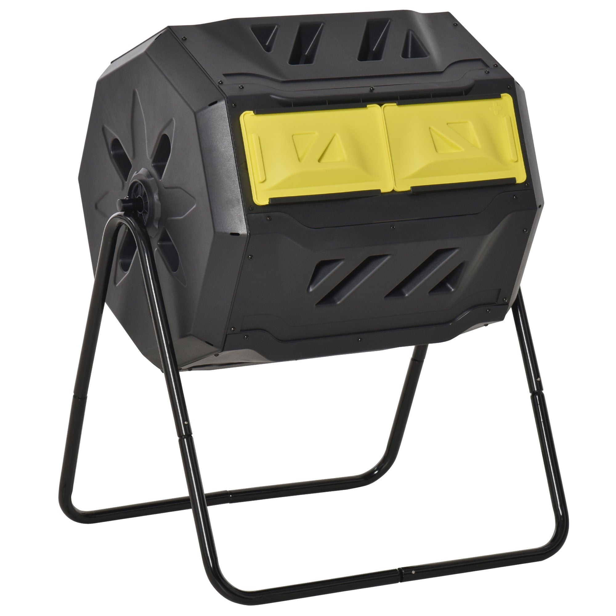 160L Tumbling Compost Bin Outdoor Dual Chamber Rotating Composter, Garden Compost Bin w/ Sliding Doors & Solid Steel Frame, Yellow