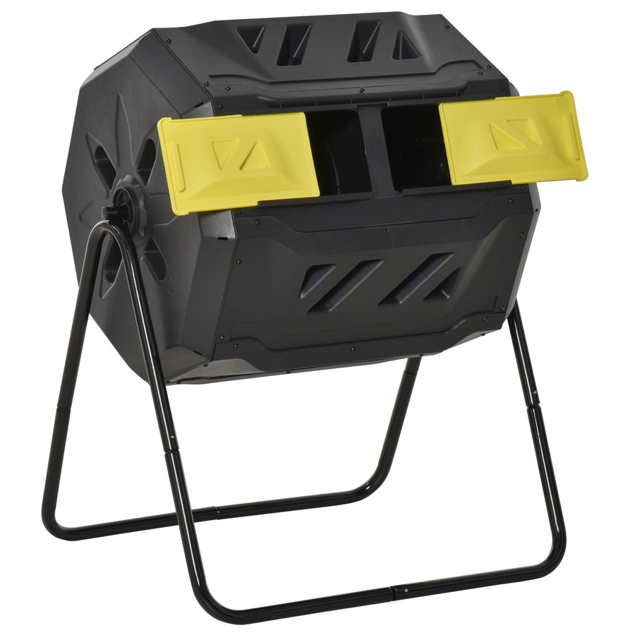 160L Tumbling Compost Bin Outdoor Dual Chamber Rotating Composter, Garden Compost Bin w/ Sliding Doors & Solid Steel Frame, Yellow