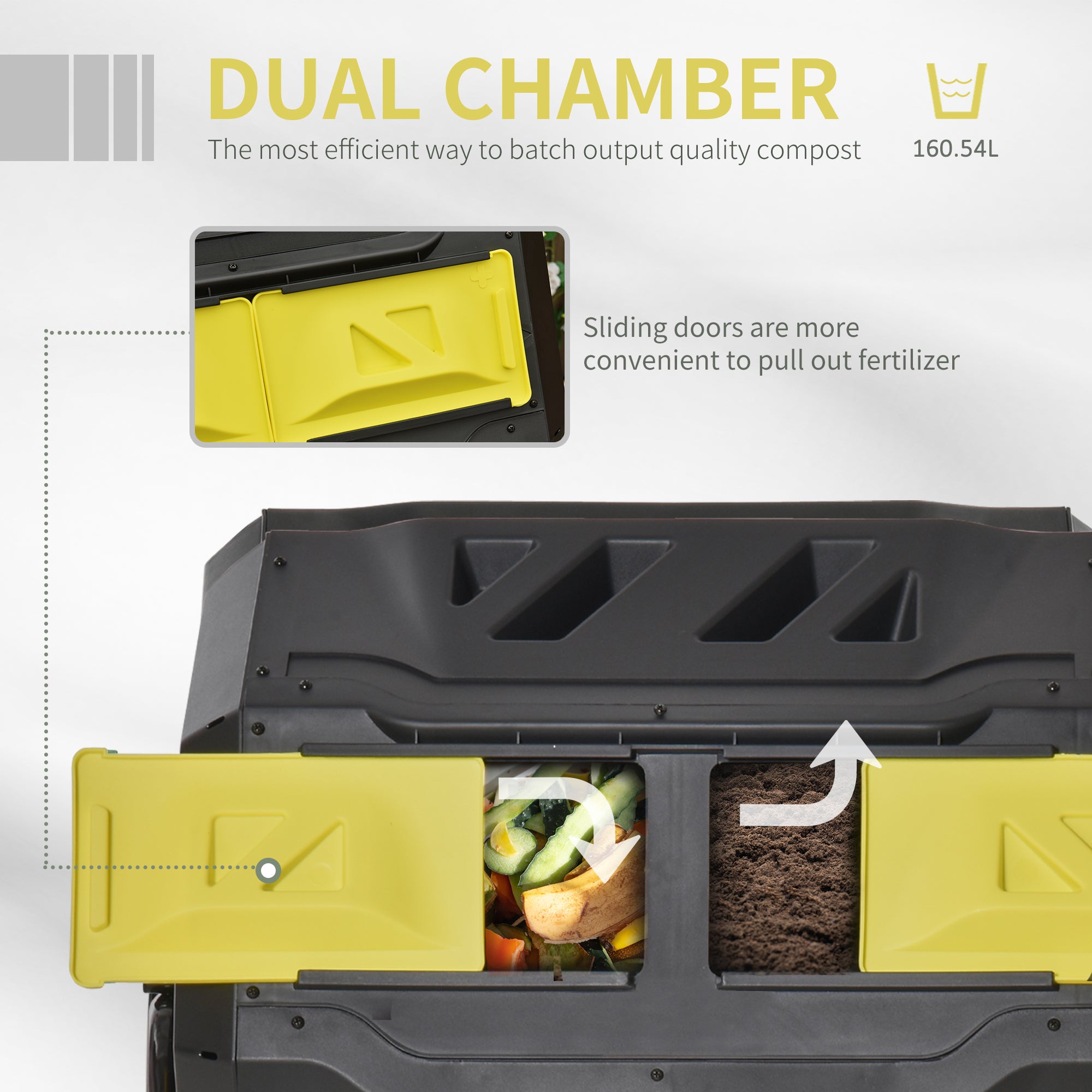 160L Tumbling Compost Bin Outdoor Dual Chamber Rotating Composter, Garden Compost Bin w/ Sliding Doors & Solid Steel Frame, Yellow