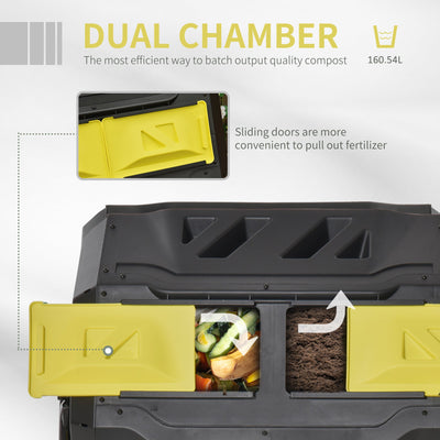 160L Tumbling Compost Bin Outdoor Dual Chamber Rotating Composter, Garden Compost Bin w/ Sliding Doors & Solid Steel Frame, Yellow