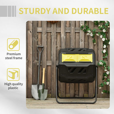 160L Tumbling Compost Bin Outdoor Dual Chamber Rotating Composter, Garden Compost Bin w/ Sliding Doors & Solid Steel Frame, Yellow