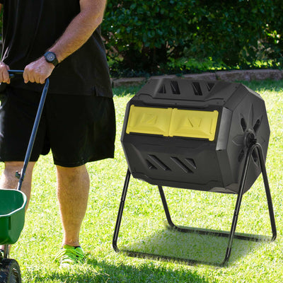 160L Tumbling Compost Bin Outdoor Dual Chamber Rotating Composter, Garden Compost Bin w/ Sliding Doors & Solid Steel Frame, Yellow
