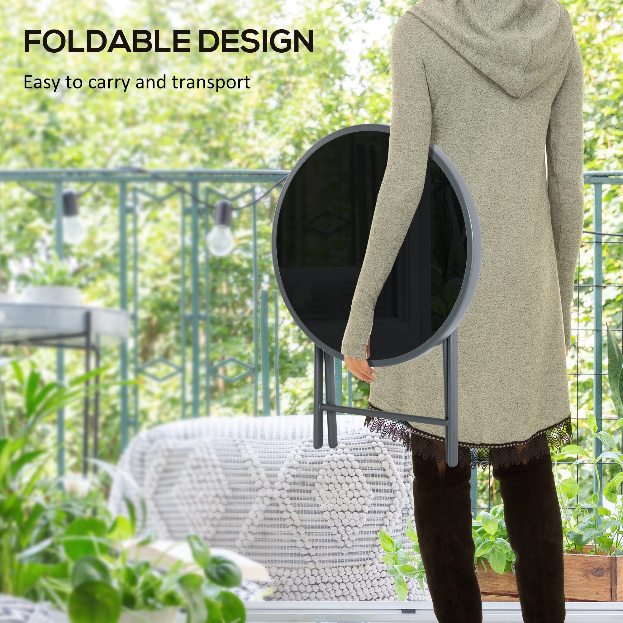 18" Outdoor Round Folding Table with Tempered Glass Top, Black
