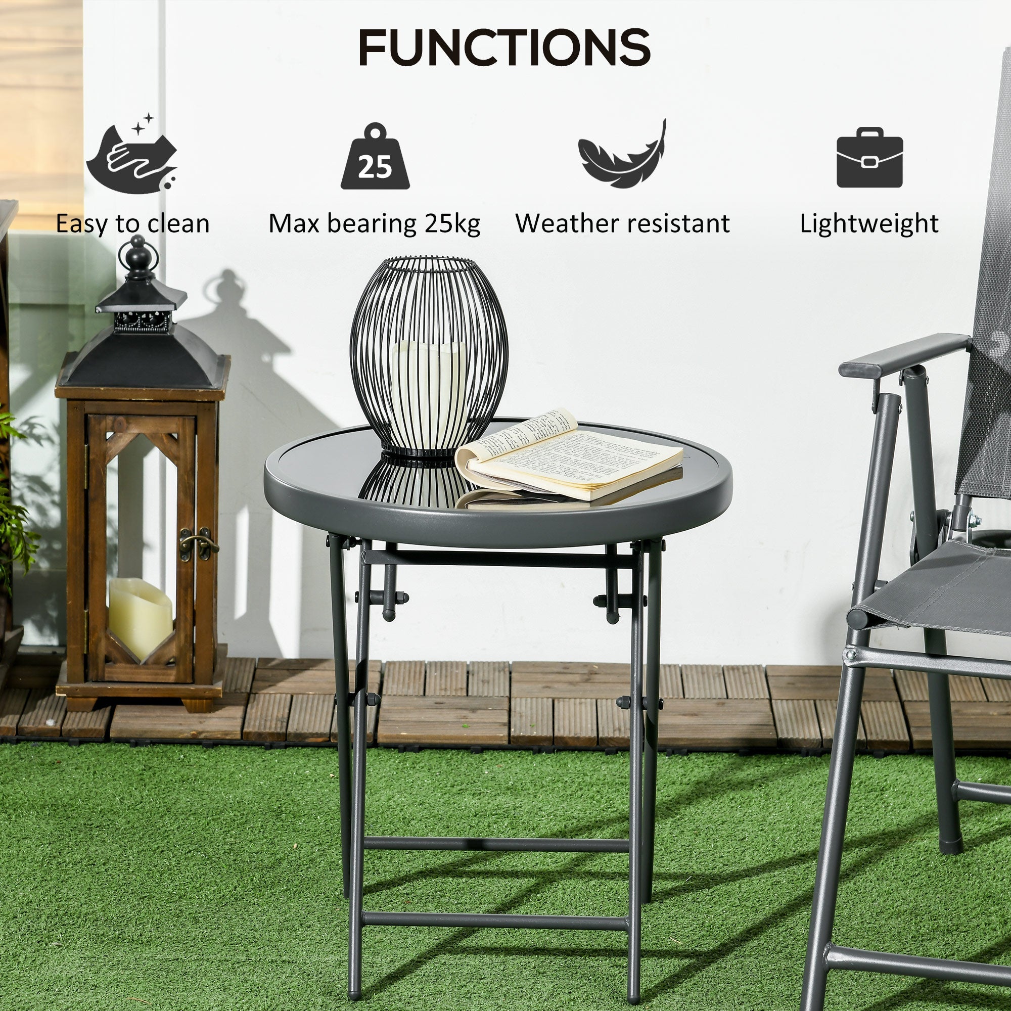 18" Outdoor Round Folding Table with Tempered Glass Top, Black