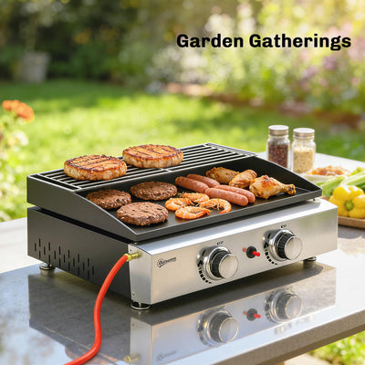 2 Burner Gas Plancha Grill with Warming Rack, 5 kW, Black