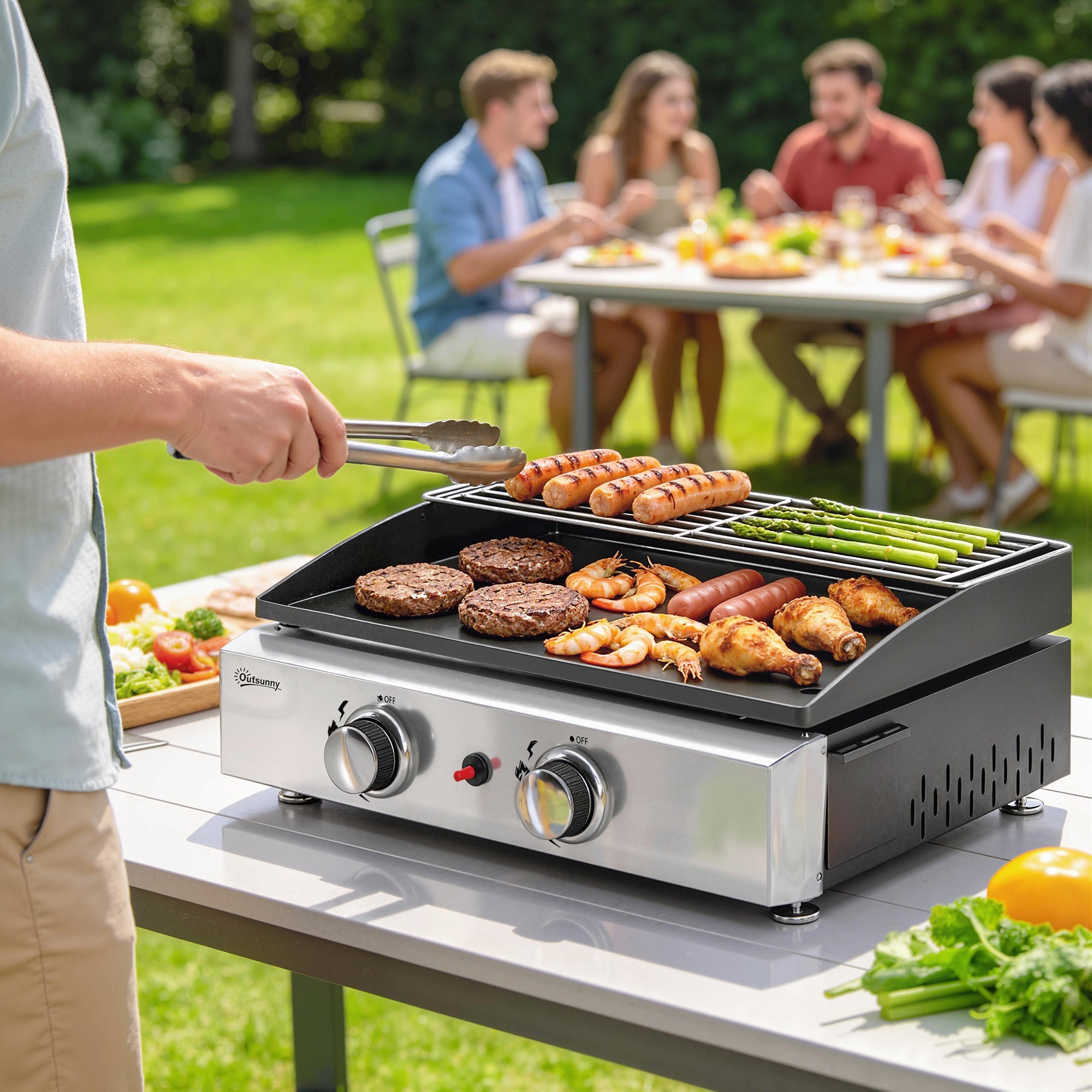 2 Burner Gas Plancha Grill with Warming Rack, 5 kW, Black