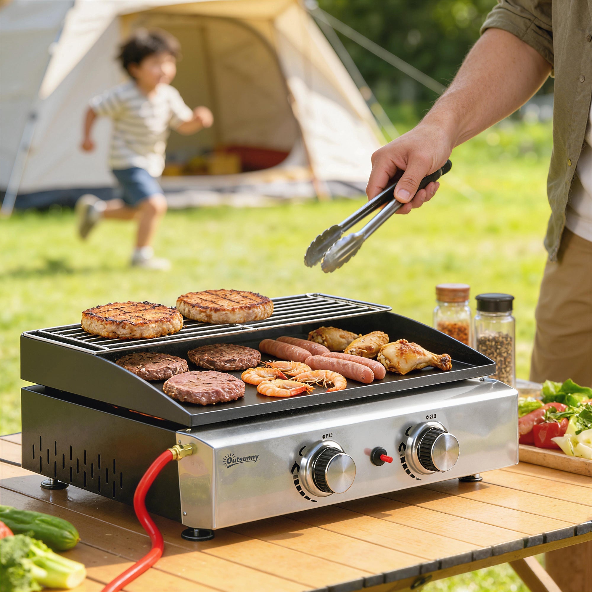 2 Burner Gas Plancha Grill with Warming Rack, 5 kW, Black
