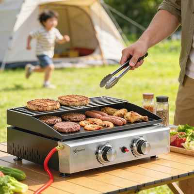 2 Burner Gas Plancha Grill with Warming Rack, 5 kW, Black