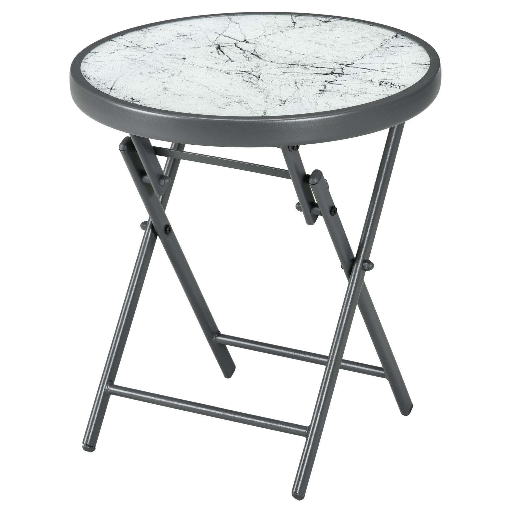 18" Outdoor Round Folding Table with Tempered Glass Top, White