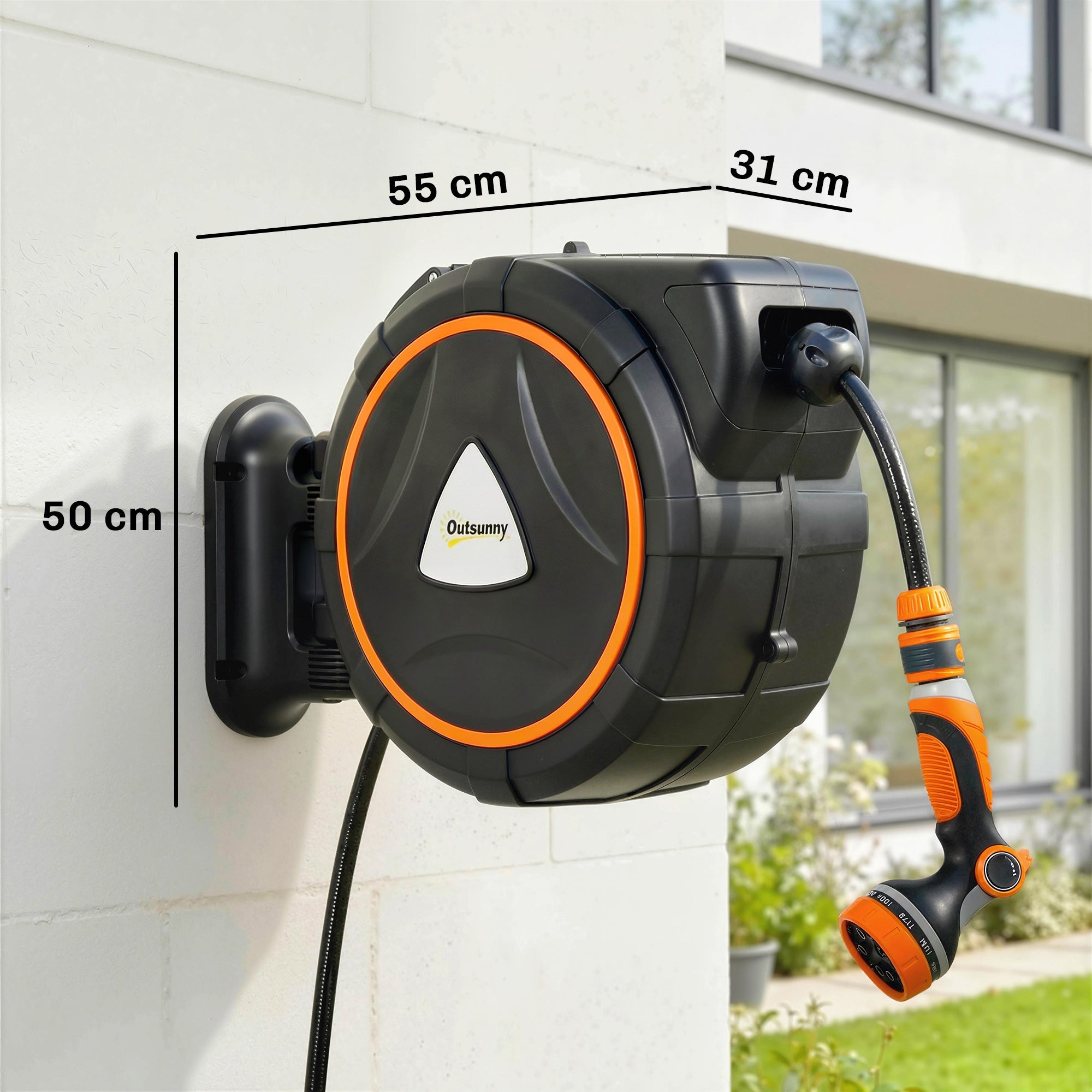23+2m Retractable Wall Hose Reel with Auto Retraction & 12-Pattern Nozzle, Orange