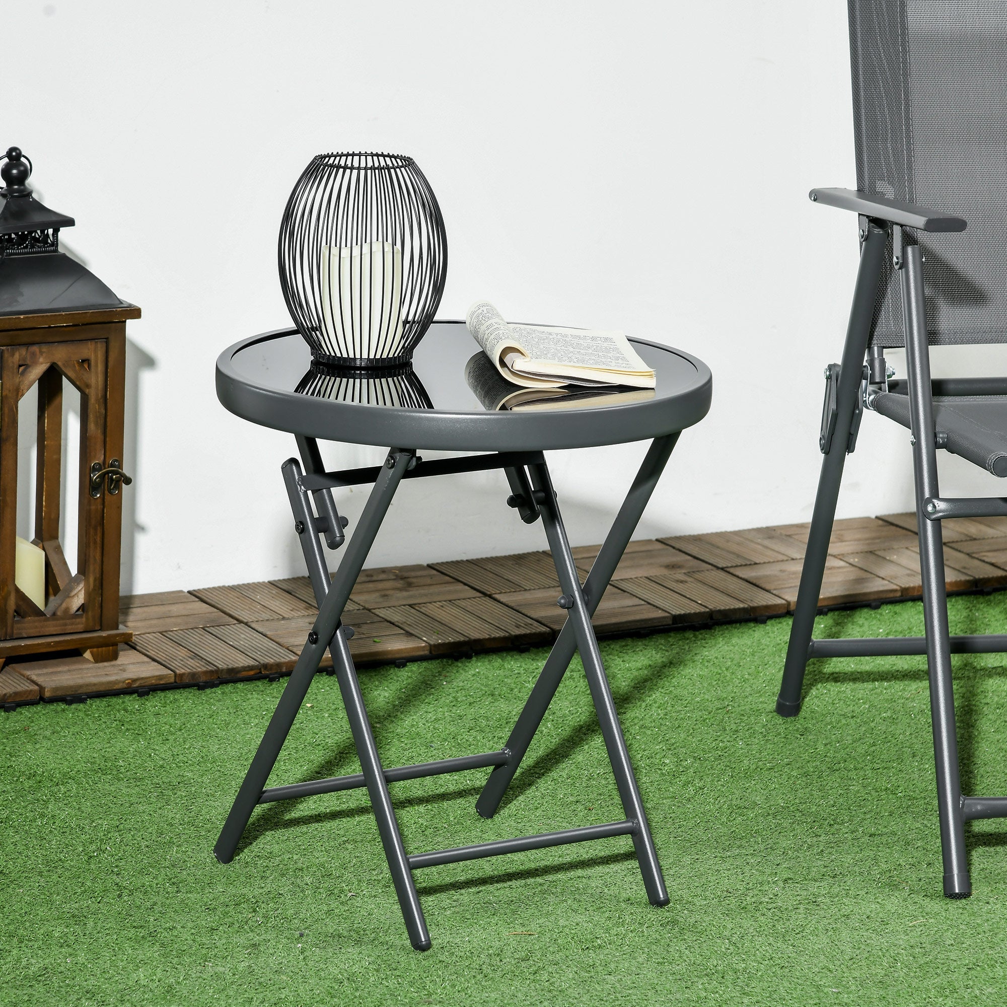 18" Outdoor Round Folding Table with Tempered Glass Top, Black